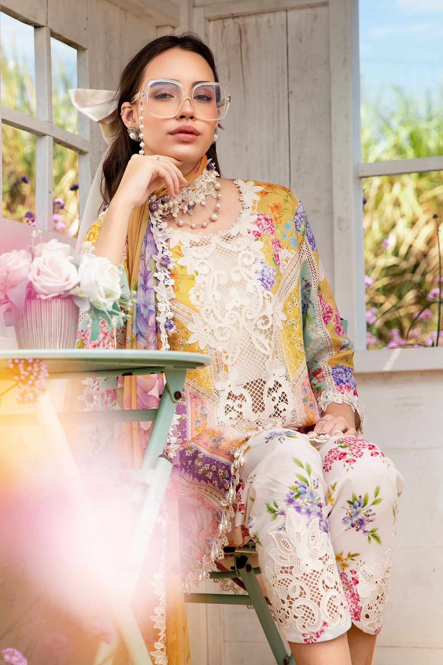 Maria.b 3 pc unstitched printed article with chiffon dupatta