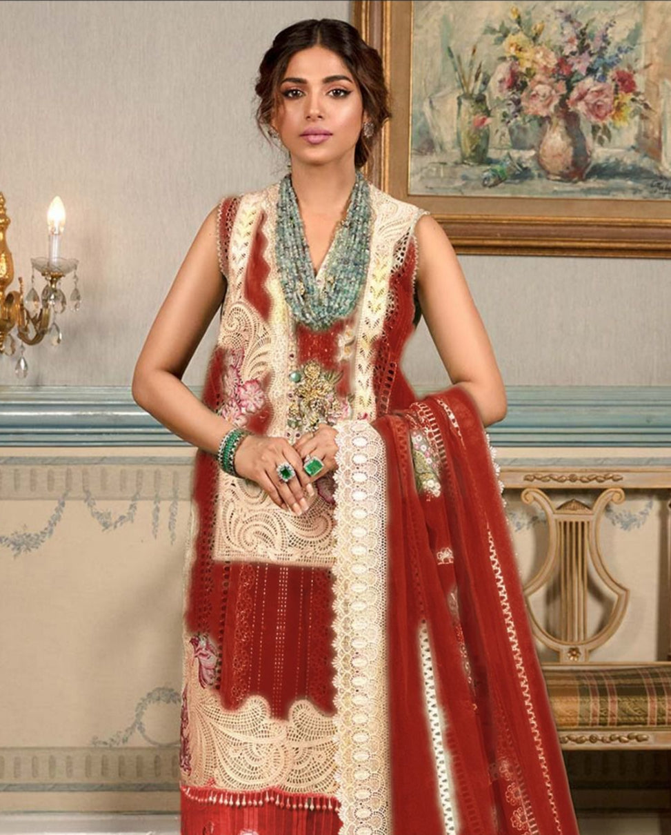 Crimson 3pc unstitched lawn embroidered dress with embroidred dupatta