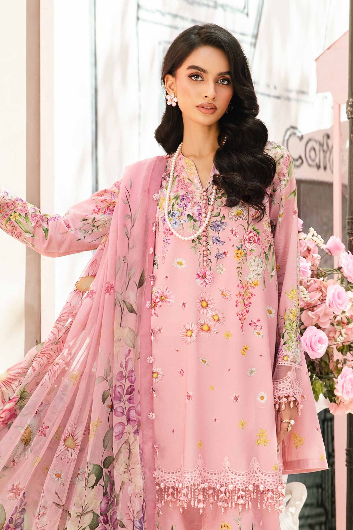 Maria.b 3 pc unstitched printed article with chiffon dupatta