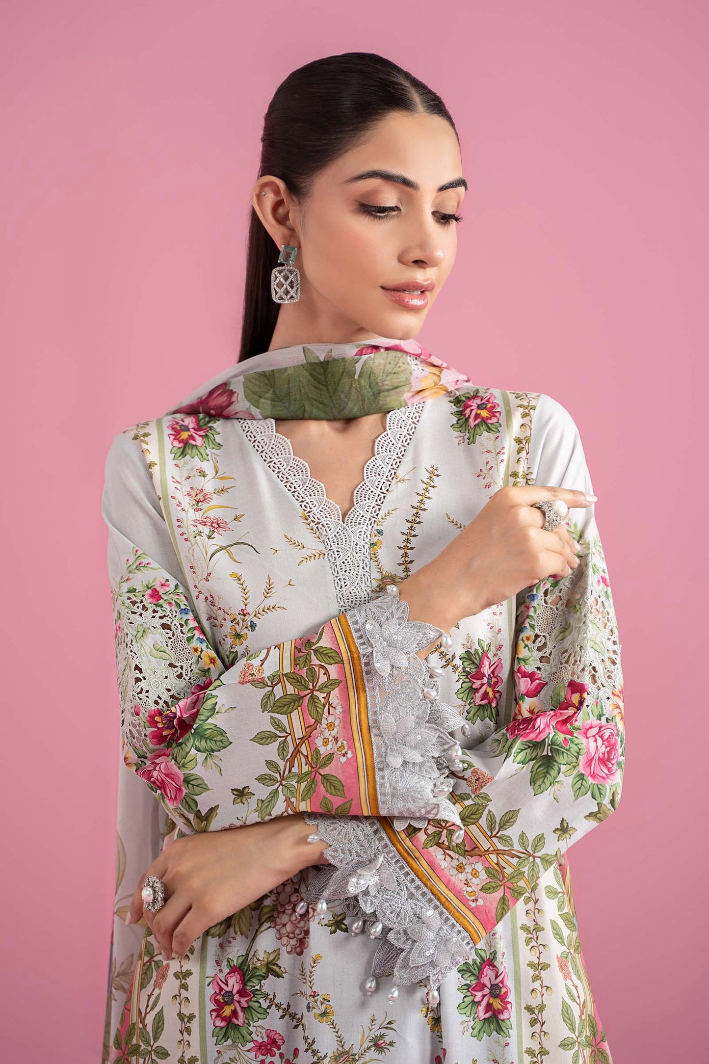 Maria.B 3pc lawn suit unstitched with printed chiffon dupatta
