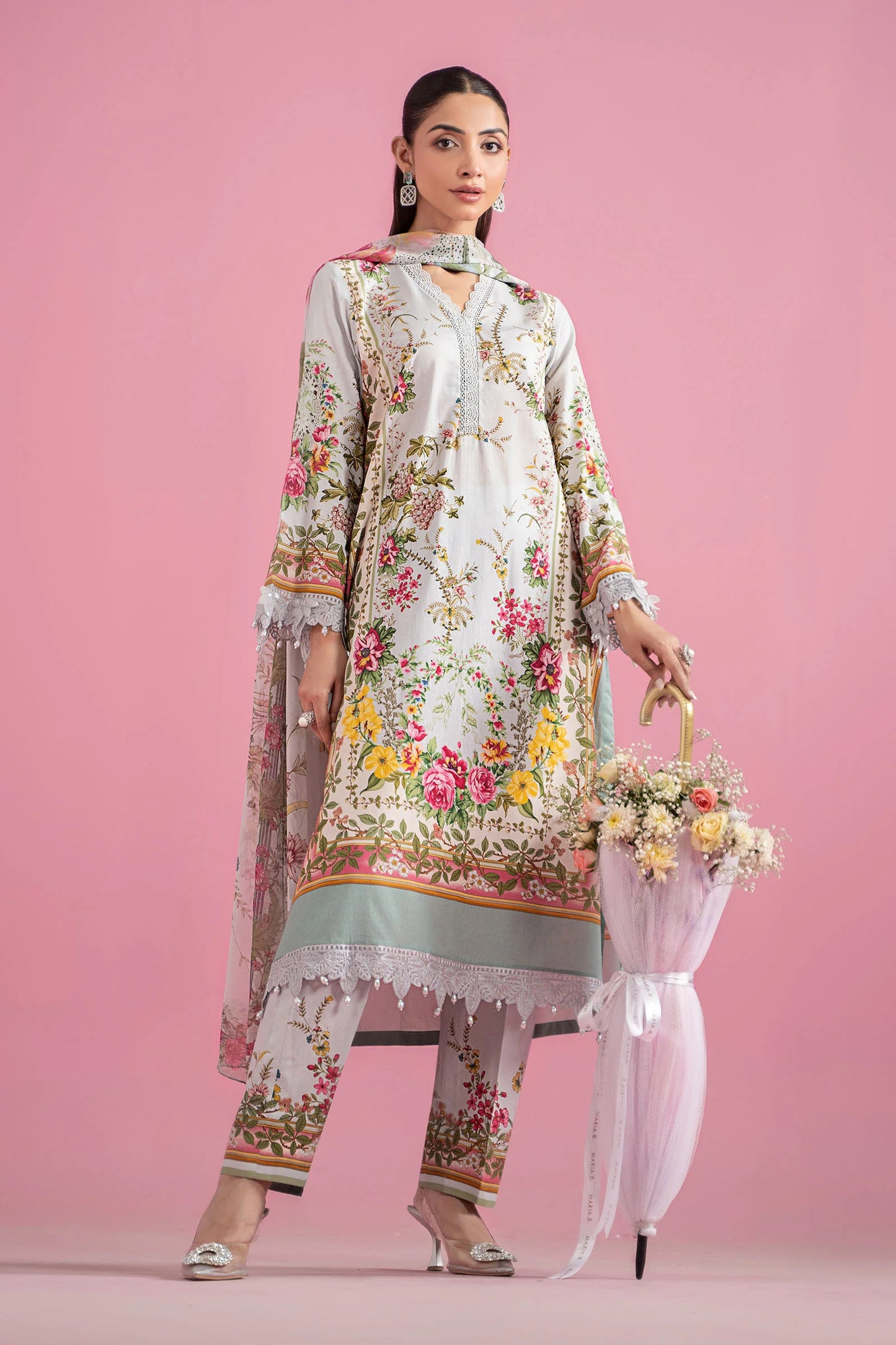 Maria.B 3pc lawn suit unstitched with printed chiffon dupatta