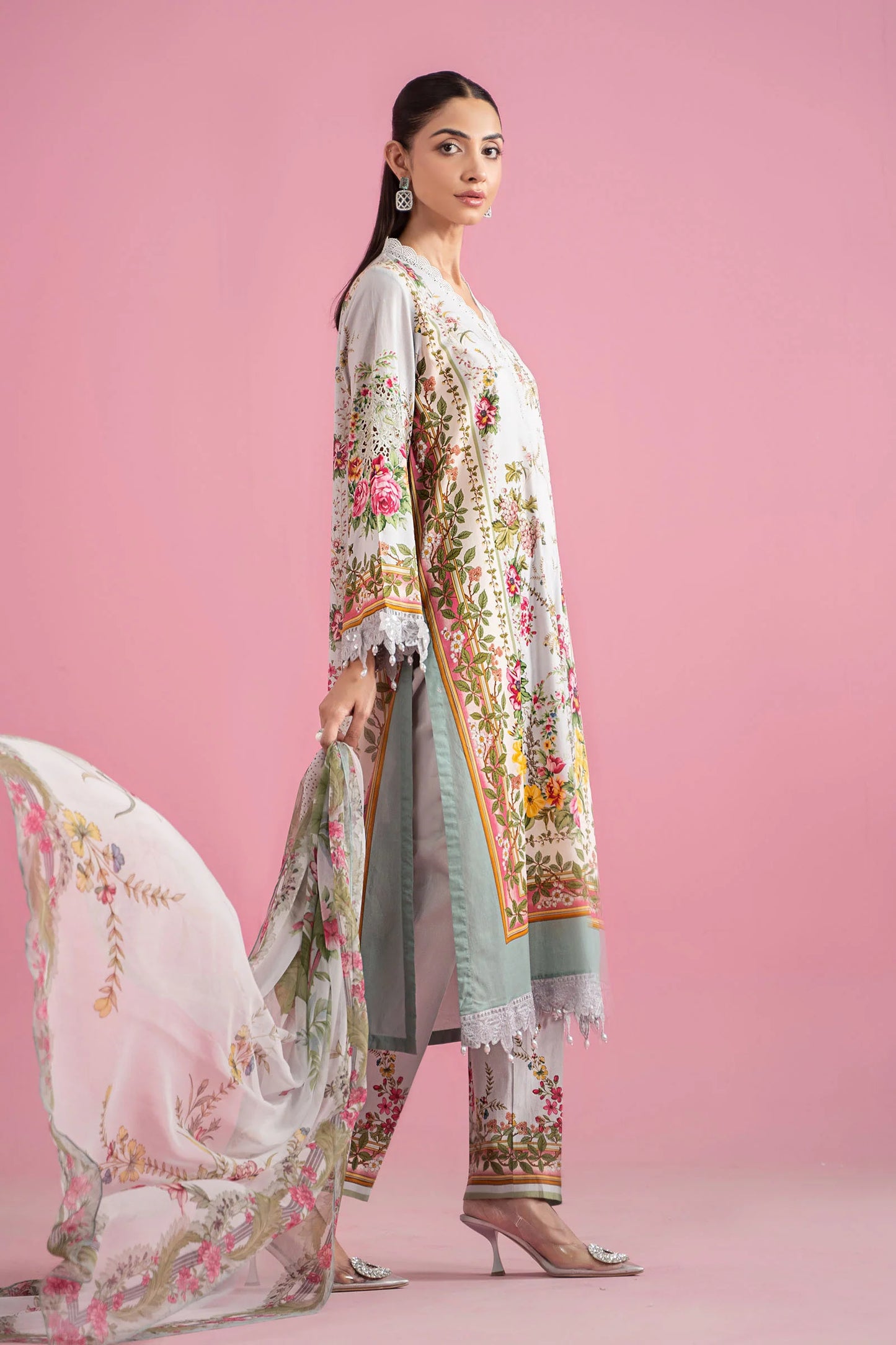 Maria.B 3pc lawn suit unstitched with printed chiffon dupatta