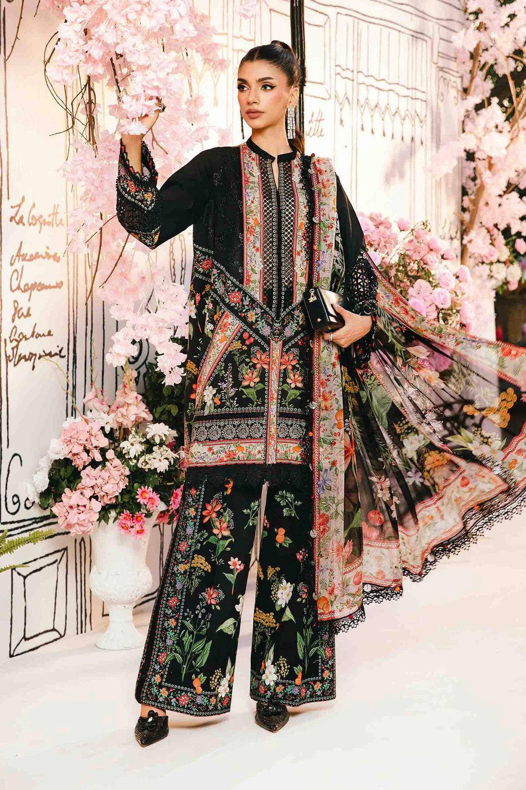 Maria.b 3 pc unstitched printed article with chiffon dupatta