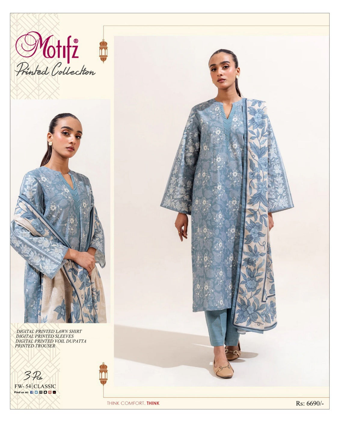 Motifz 3pc un-stitched printed dress with lawn dupatta