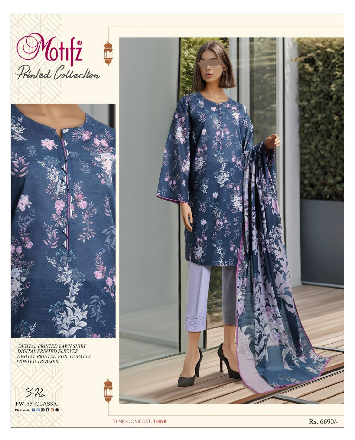 Motifz 3pc un-stitched printed dress with lawn dupatta