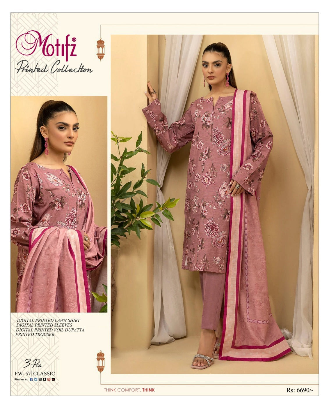 Motifz 3pc un-stitched printed dress with lawn dupatta