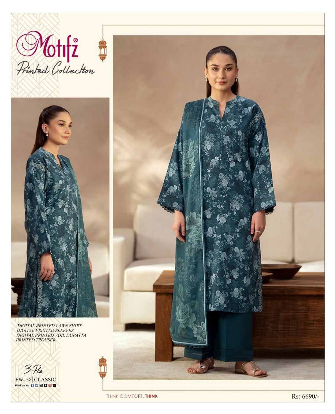 Motifz 3pc un-stitched printed dress with lawn dupatta