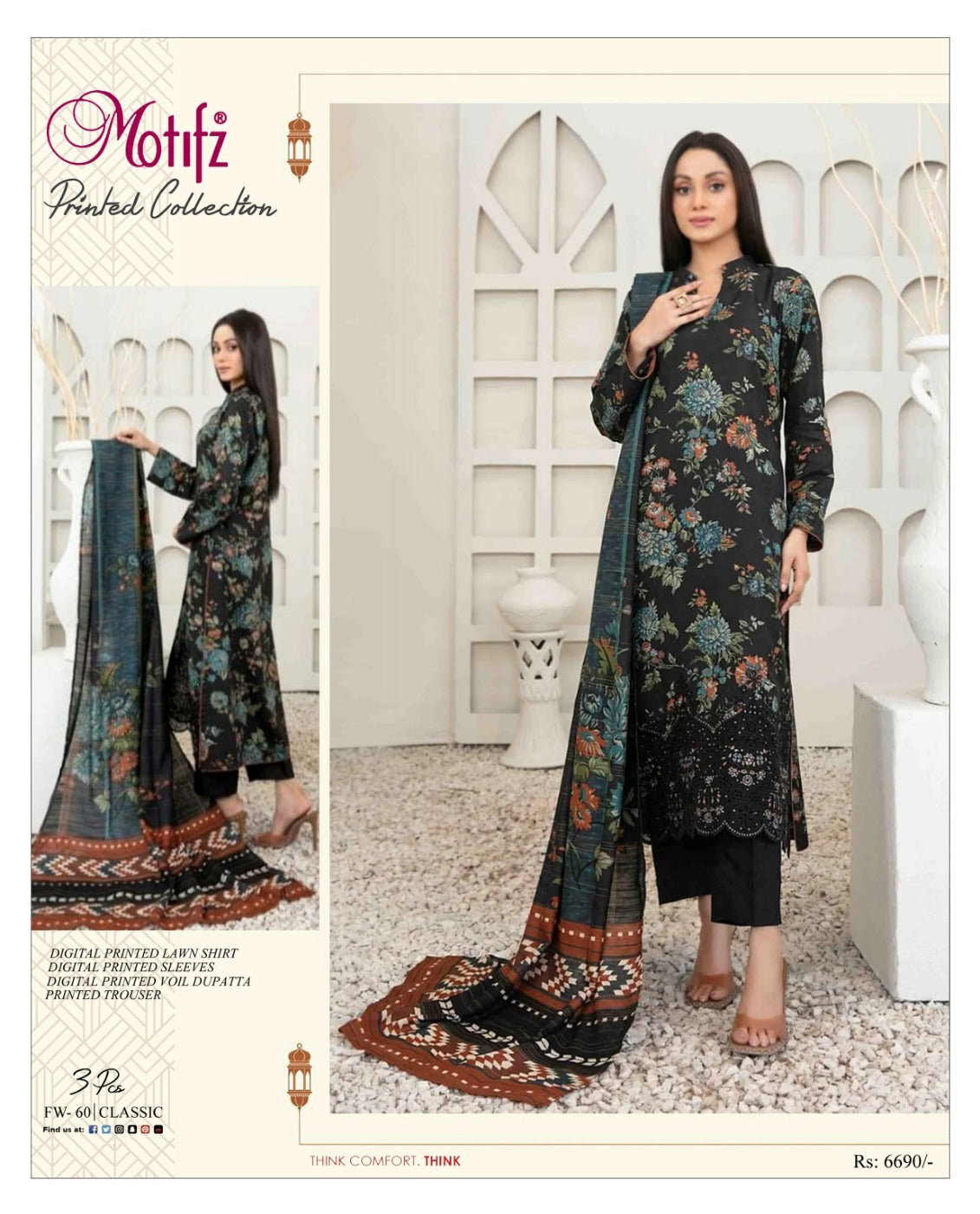 Motifz 3pc un-stitched printed dress with lawn dupatta