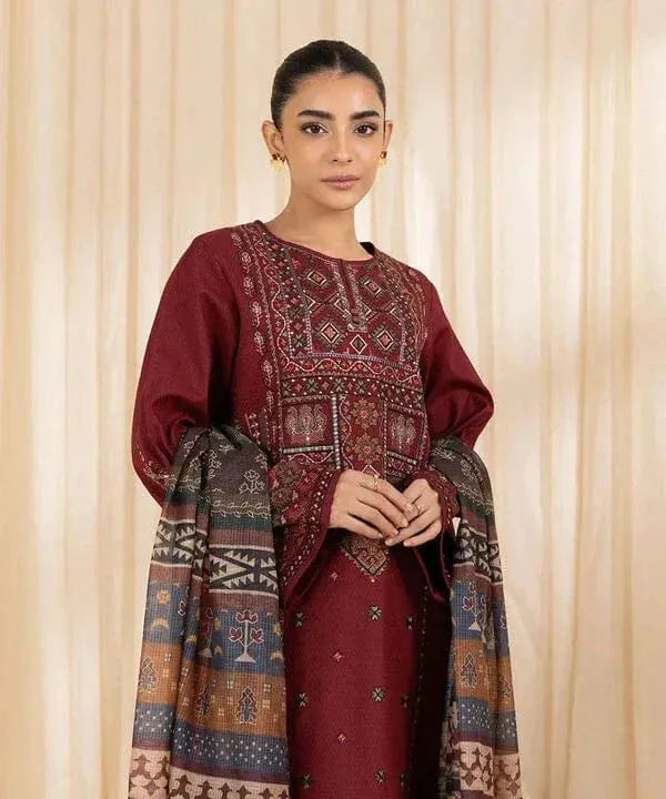 3pc unstitched dhanak dress with printed wool shawl 2639