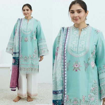 3pc unstitched dhanak dress with printed wool shawl 2658