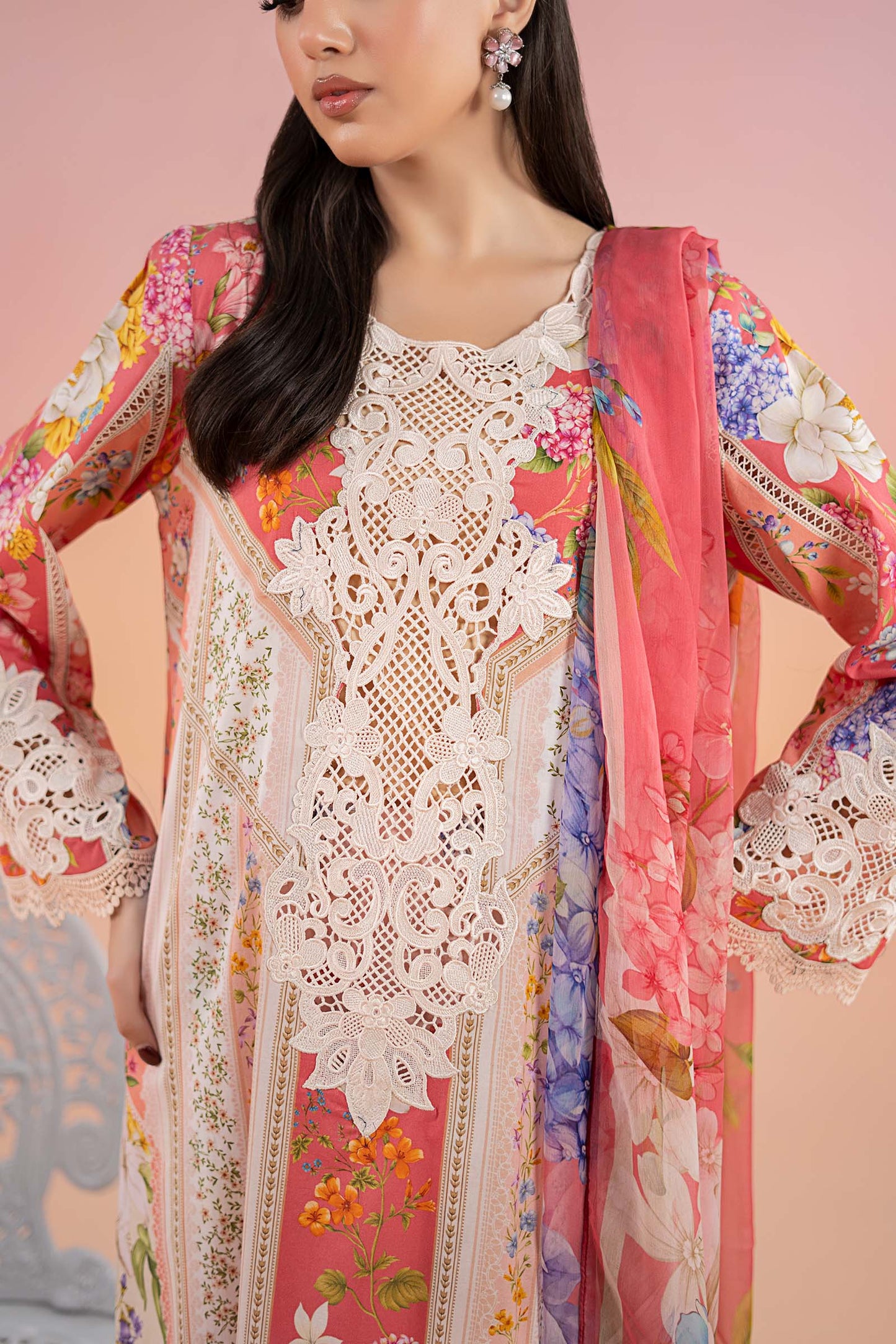 Maria.b 3 pc unstitched printed article with chiffon dupatta