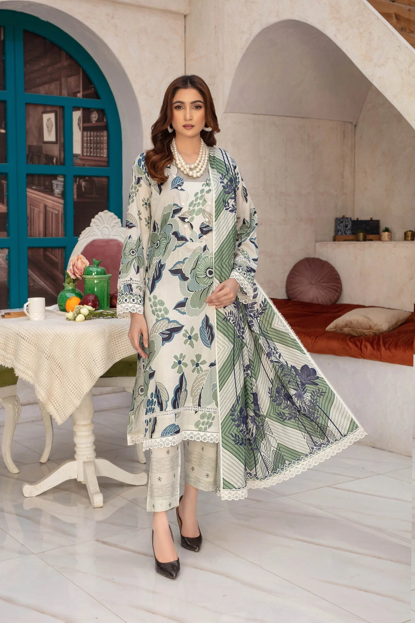 azel minal 3pc unstitched printed Dhanak dress with same shawl 2672