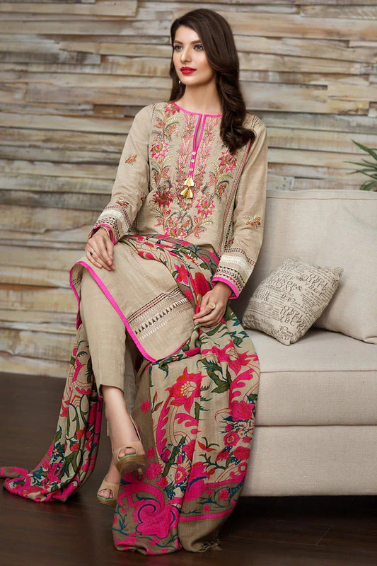 3pc unstitched dhanak  dress with printed wool shawl 2649