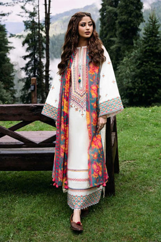 3pc unstitched dhanak  dress with printed wool shawl 2633
