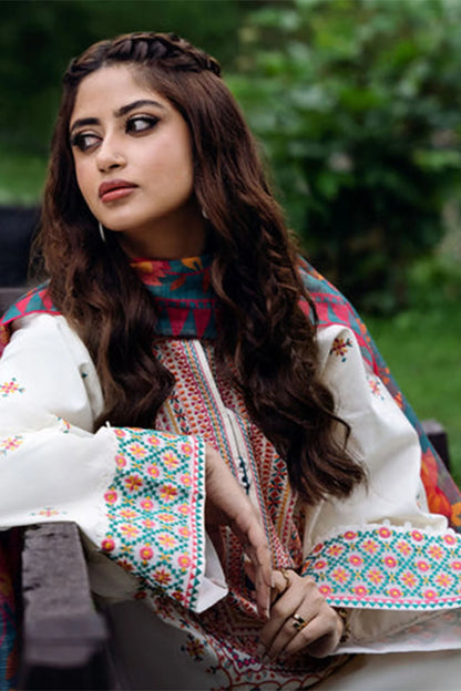 3pc unstitched dhanak  dress with printed wool shawl 2633