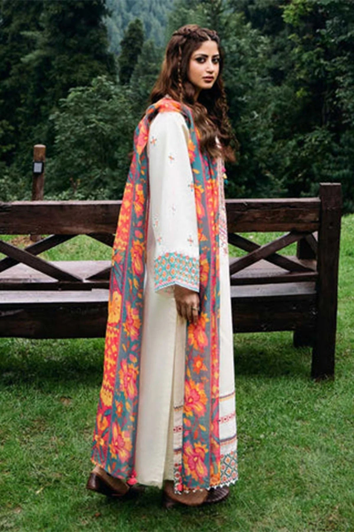 3pc unstitched dhanak  dress with printed wool shawl 2633