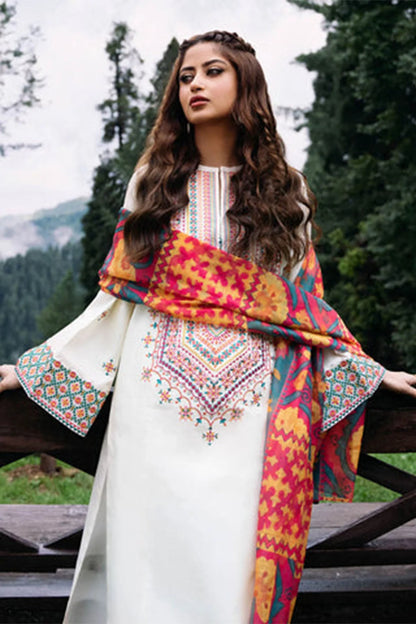 3pc unstitched dhanak  dress with printed wool shawl 2633