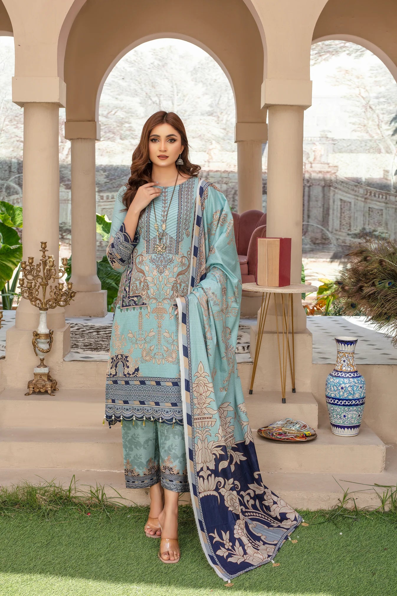 azel minal 3pc unstitched printed Dhanak dress with same shawl 2668