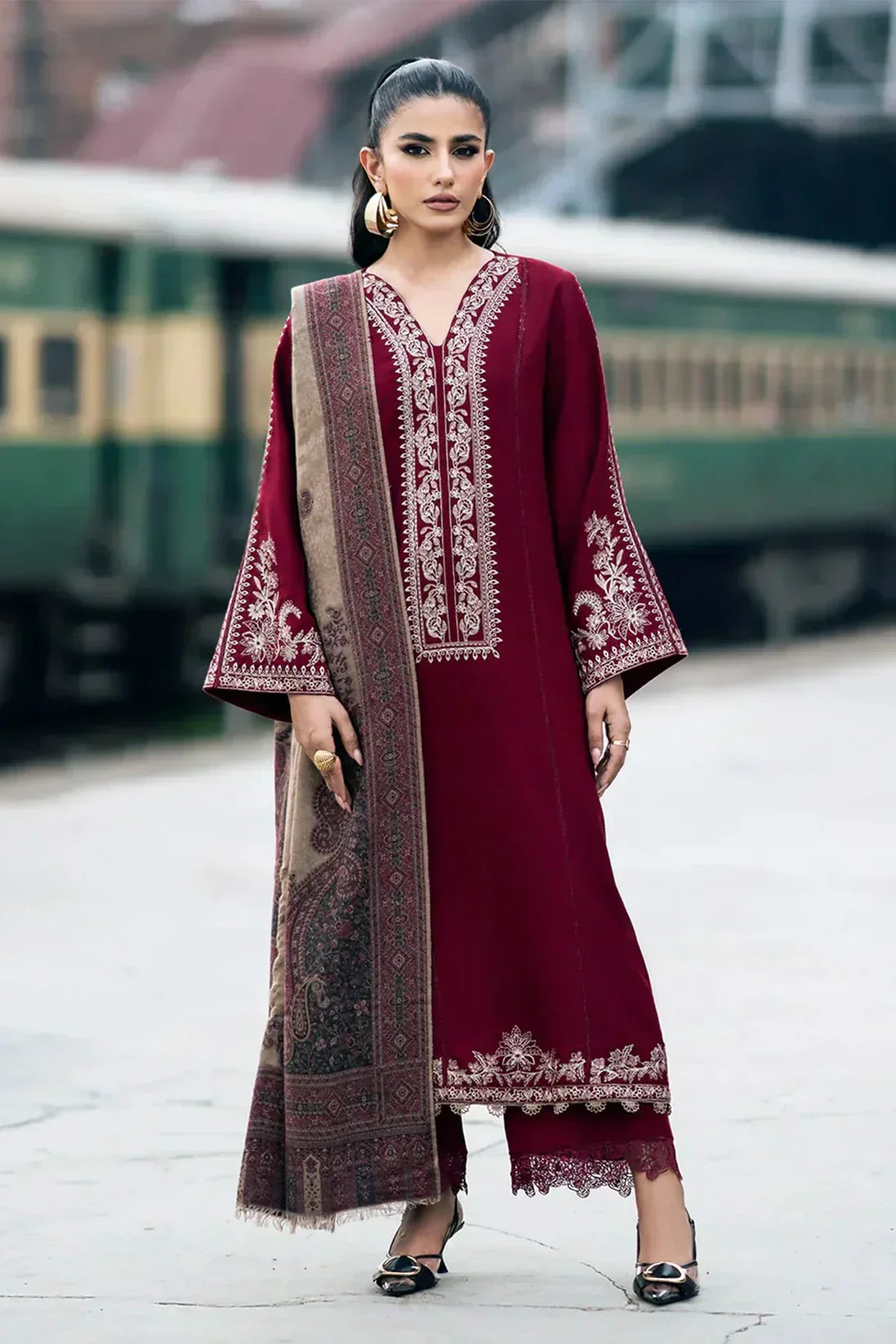 3pc unstitched dhanak dress with printed wool shawl 2663
