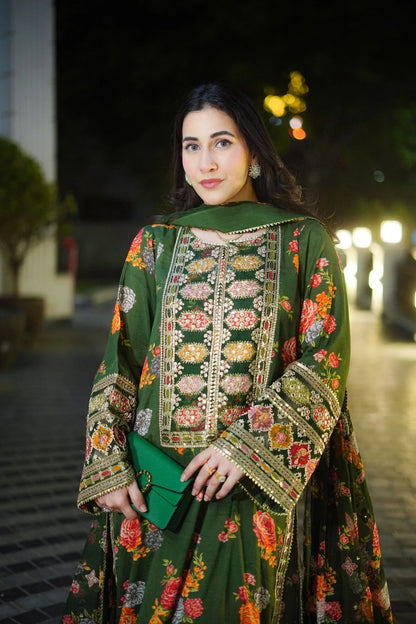 3pc un-stitched embroidered silk dress with silk dupatta ready to wear