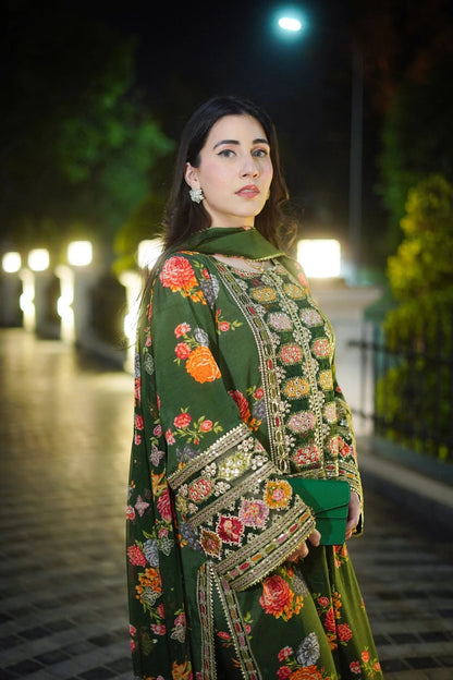 3pc un-stitched embroidered silk dress with silk dupatta ready to wear