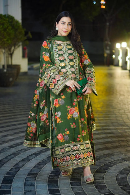 3pc un-stitched embroidered silk dress with silk dupatta ready to wear