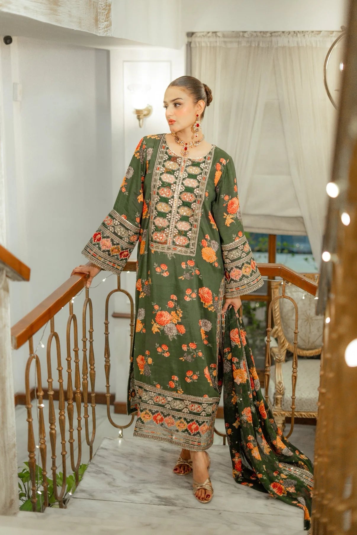 3pc un-stitched embroidered silk dress with silk dupatta ready to wear