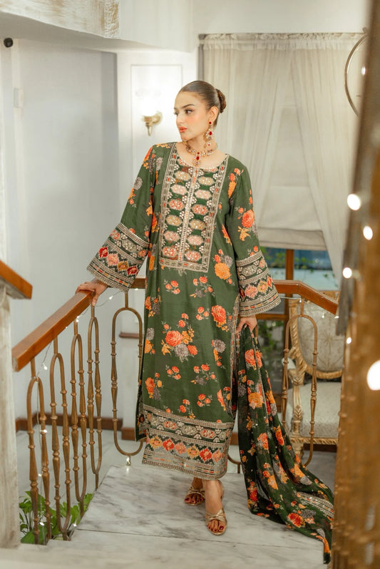 3pc un-stitched embroidered silk dress with silk dupatta ready to wear