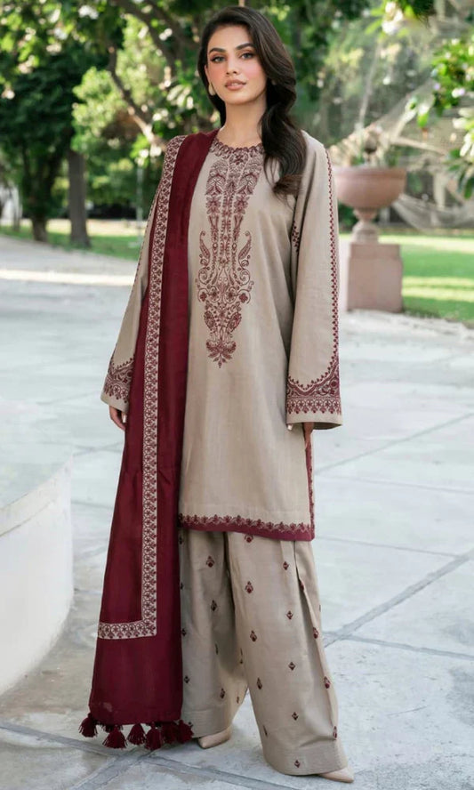 3pc unstitched dhanak  dress with dhannak Emb shawl 2648