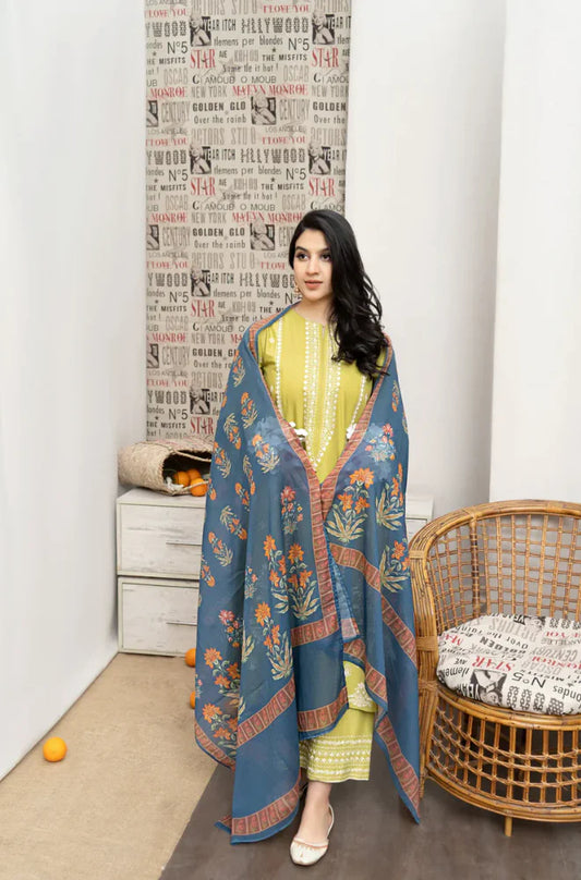 3pc unstitched dhanak  dress with printed wool shawl 2640