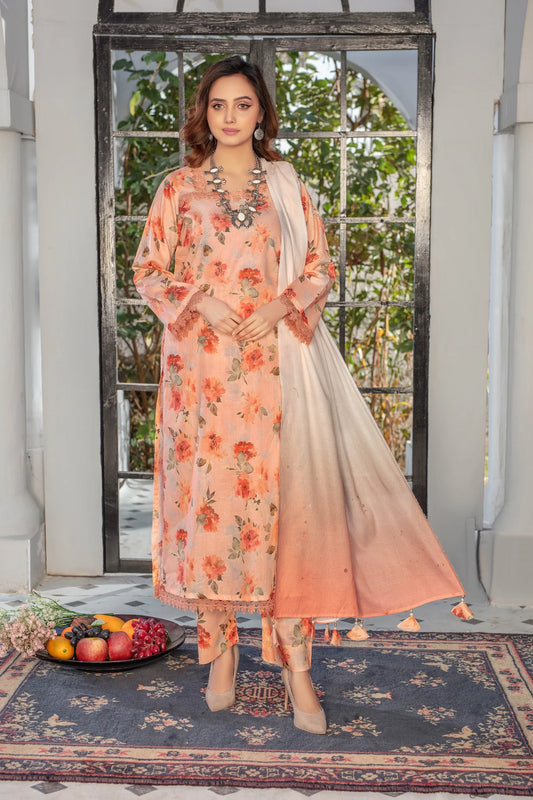 azel minal 3pc unstitched printed Dhanak dress with same shawl 2669