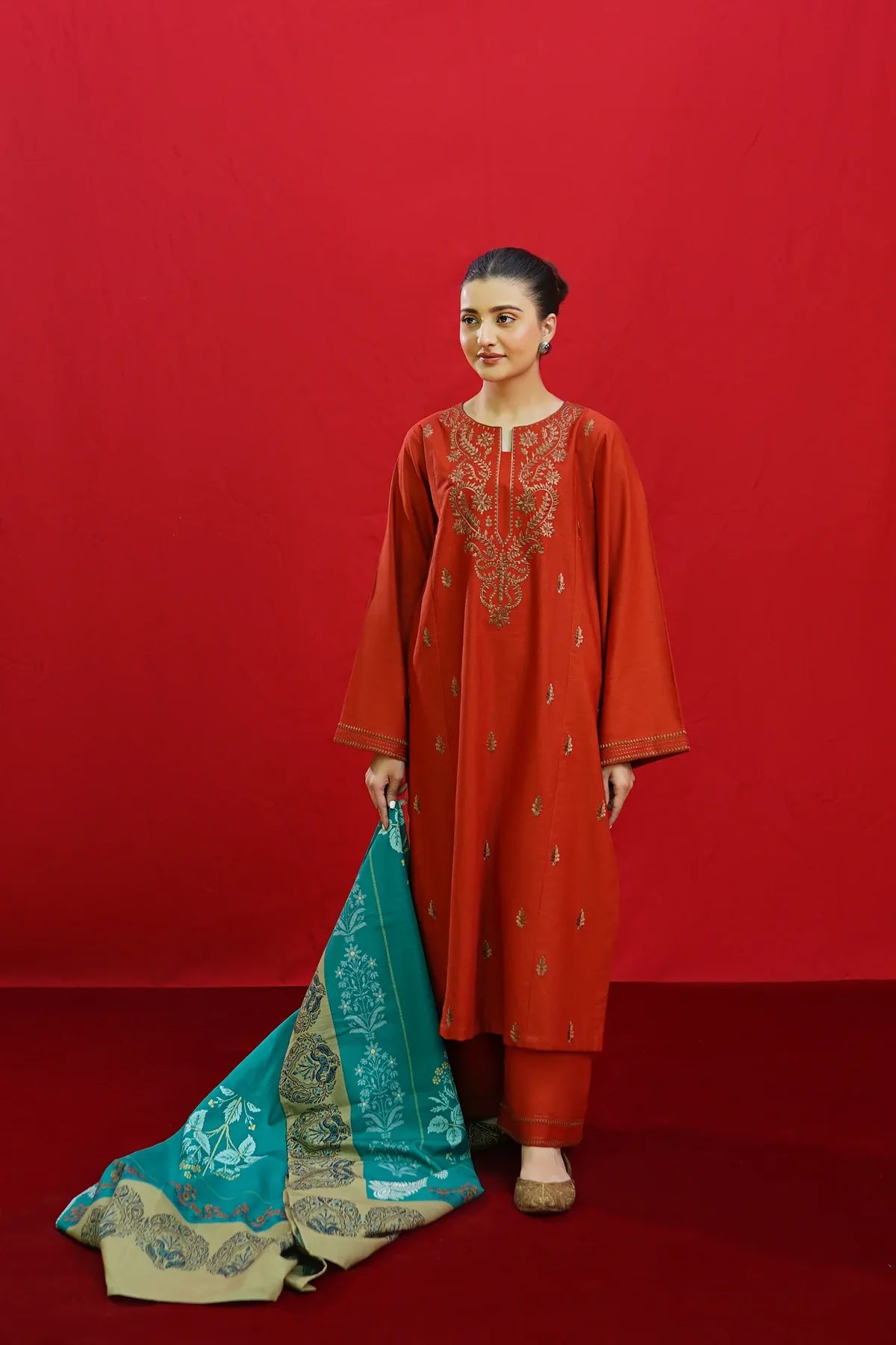 3pc unstitched dhanak  dress with printed wool shawl 2643