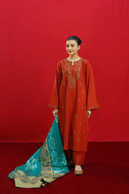 3pc unstitched dhanak  dress with printed wool shawl 2643