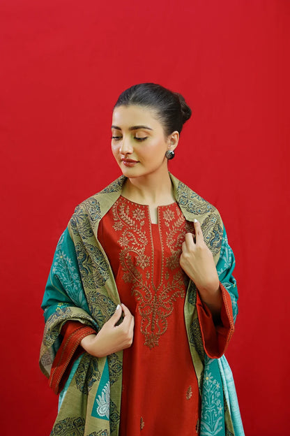 3pc unstitched dhanak  dress with printed wool shawl 2643