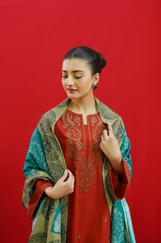 3pc unstitched dhanak  dress with printed wool shawl 2643