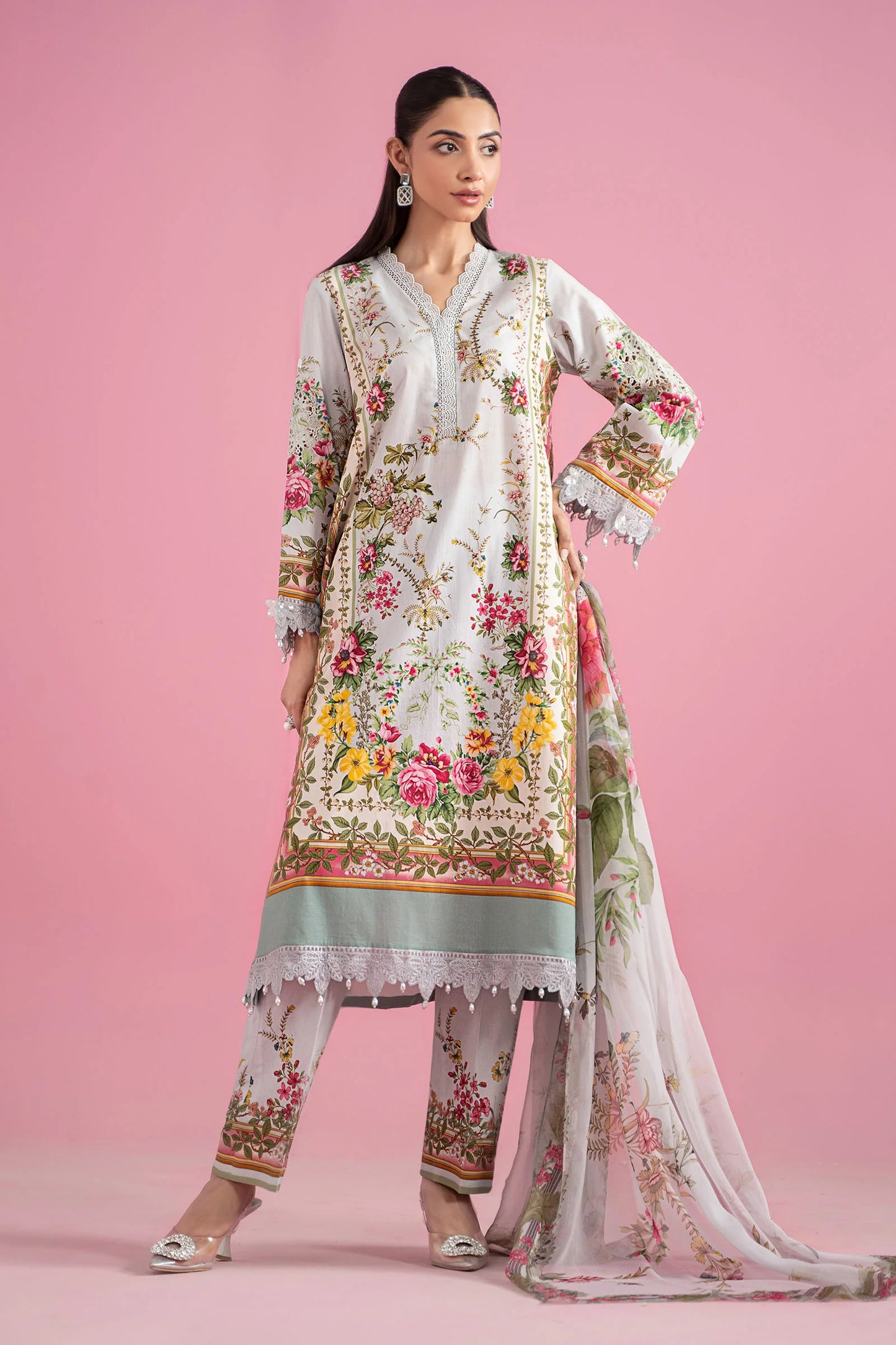 Maria.B 3pc lawn suit unstitched with printed chiffon dupatta
