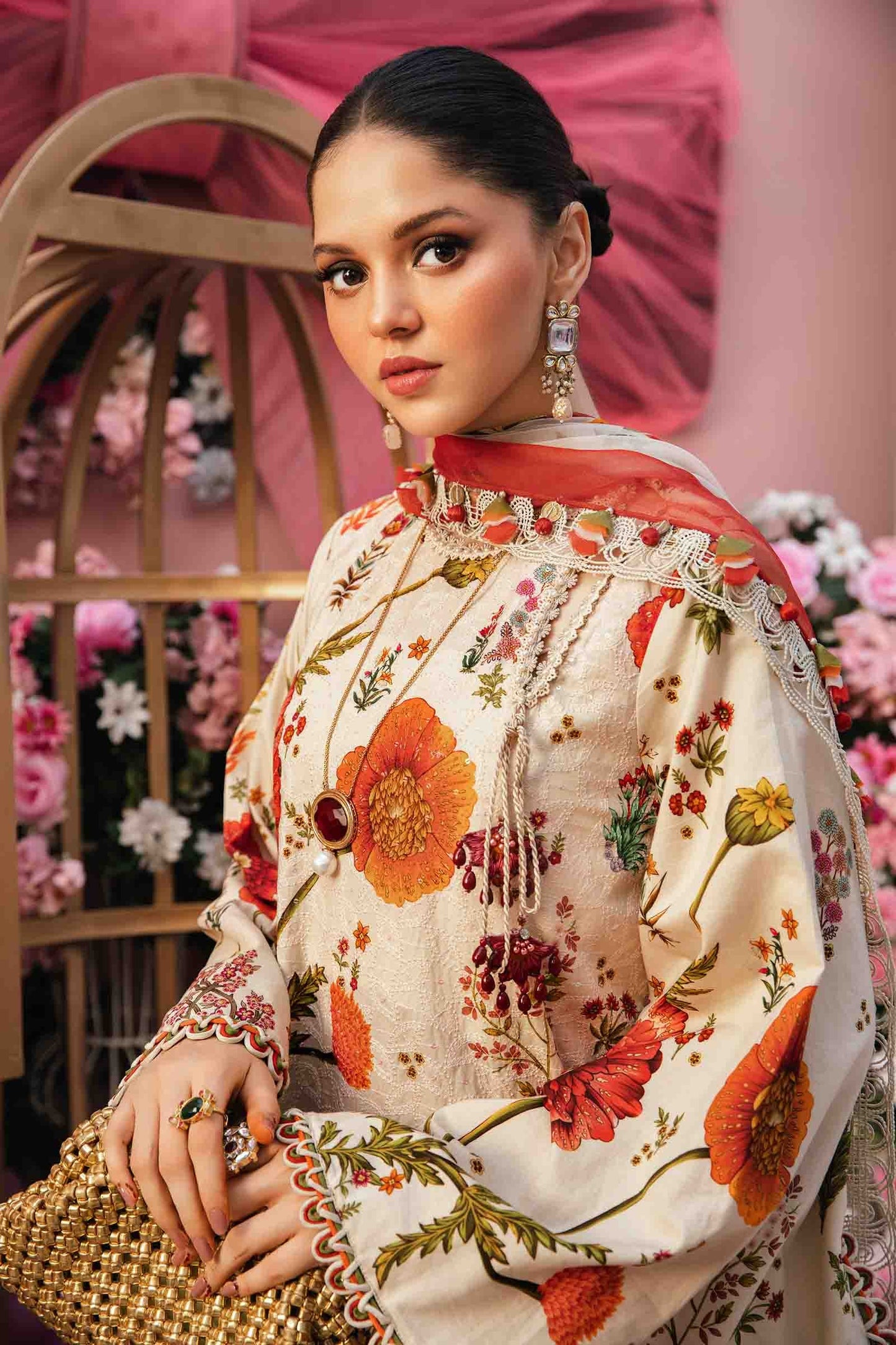 Maria.b 3 pc unstitched printed article with chiffon dupatta