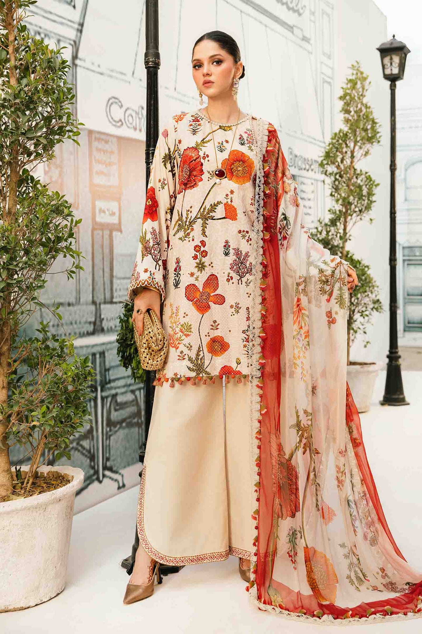 Maria.b 3 pc unstitched printed article with chiffon dupatta