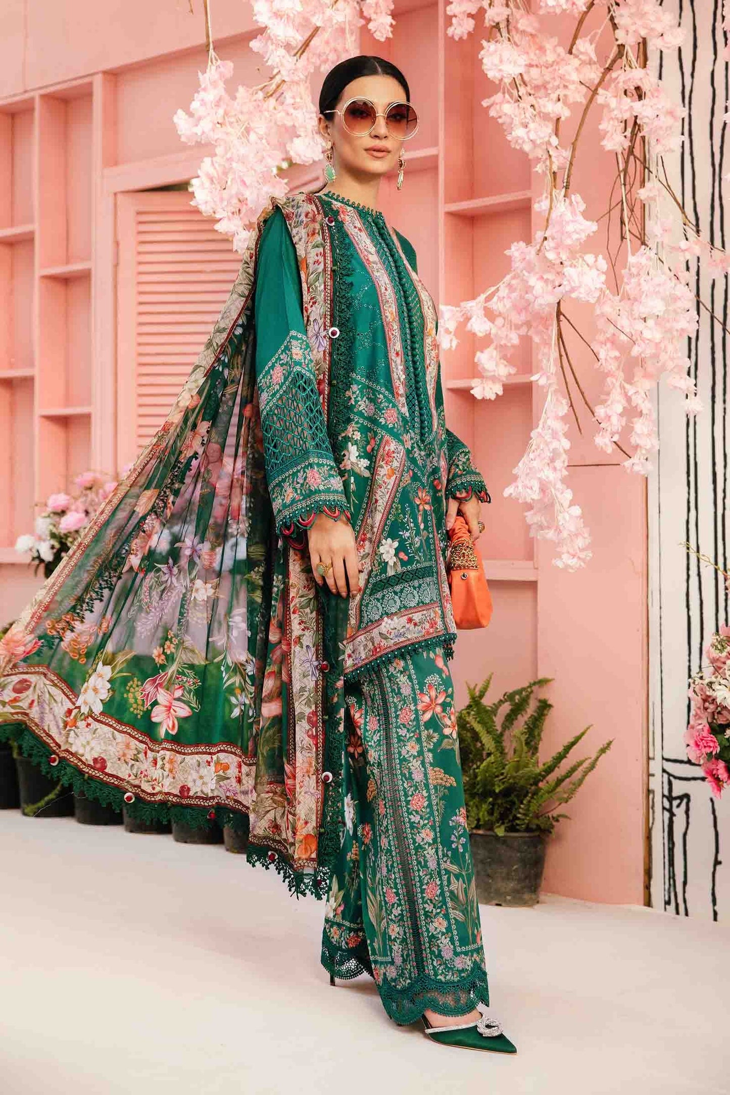 Maria.b 3 pc unstitched printed article with chiffon dupatta