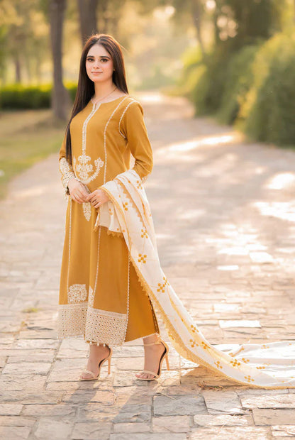 3pc unstitched dhanak dress with Dhanak  shawl embroidered 2664