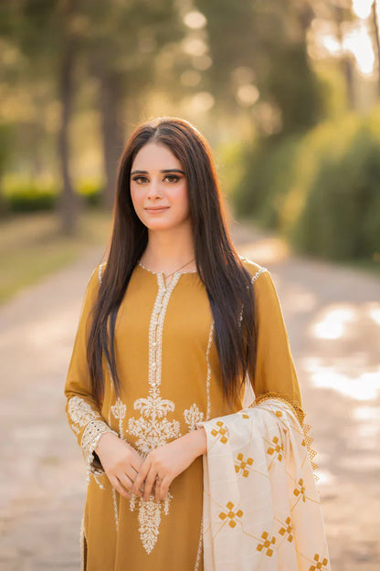 3pc unstitched dhanak dress with Dhanak  shawl embroidered 2664
