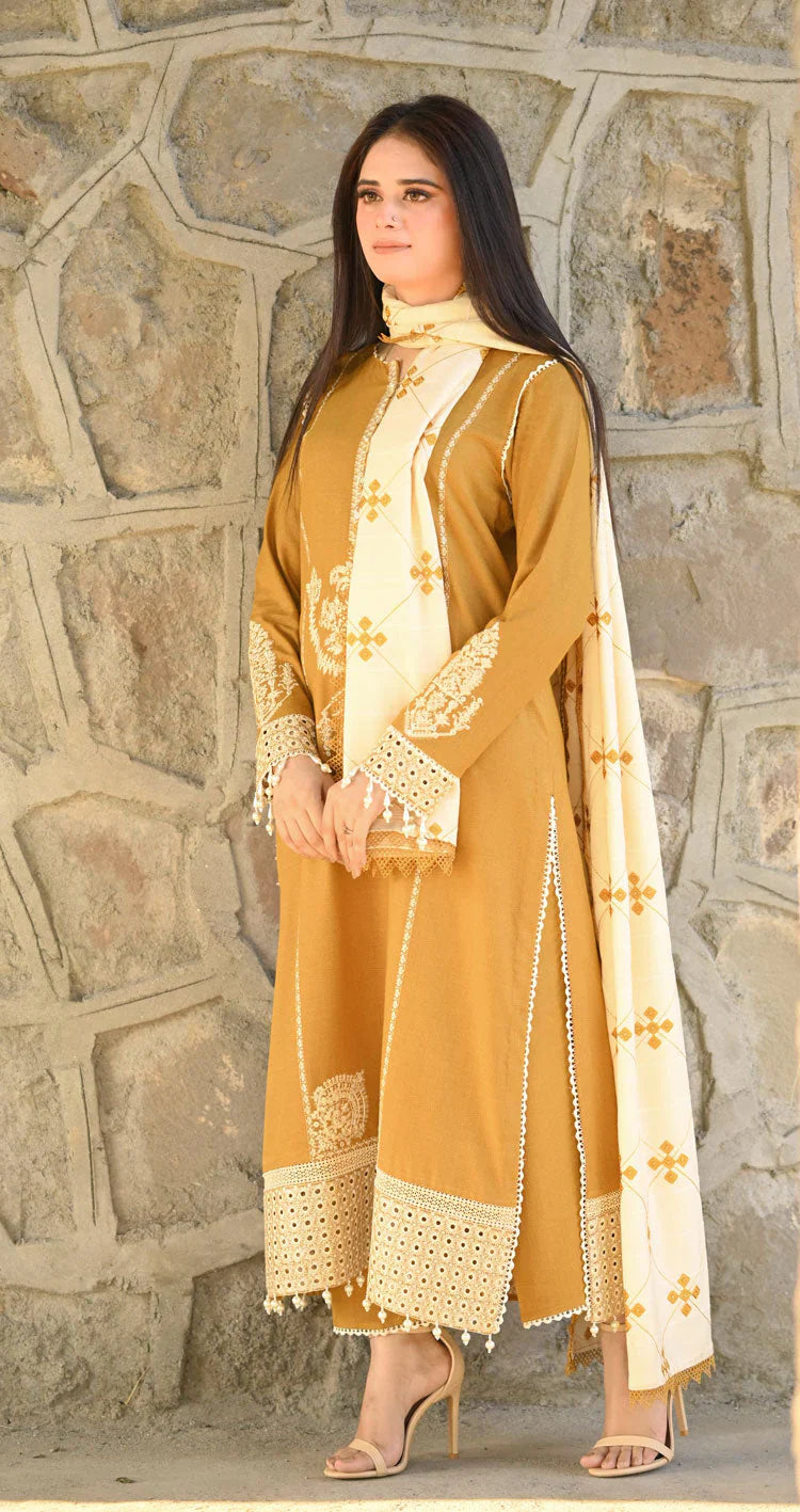 3pc unstitched dhanak dress with Dhanak  shawl embroidered 2664