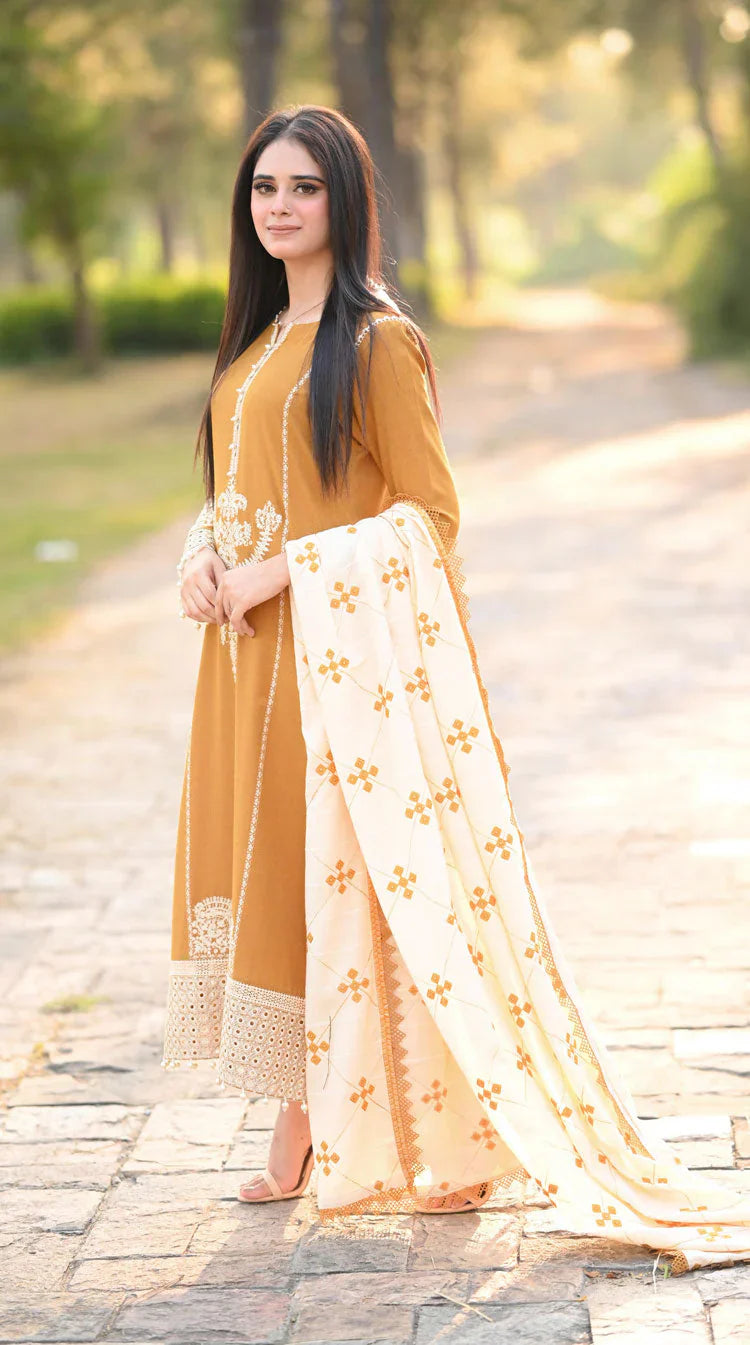 3pc unstitched dhanak dress with Dhanak  shawl embroidered 2664