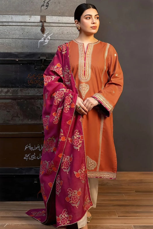 3pc unstitched dhanak  dress with printed wool shawl 2616