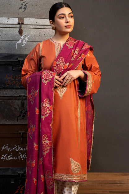 3pc unstitched dhanak  dress with printed wool shawl 2616