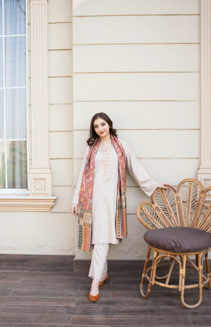 3pc unstitched dhanak dress with wool shawl printed dupatta 2667