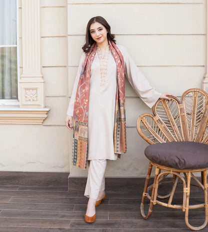 3pc unstitched dhanak dress with wool shawl printed dupatta 2667