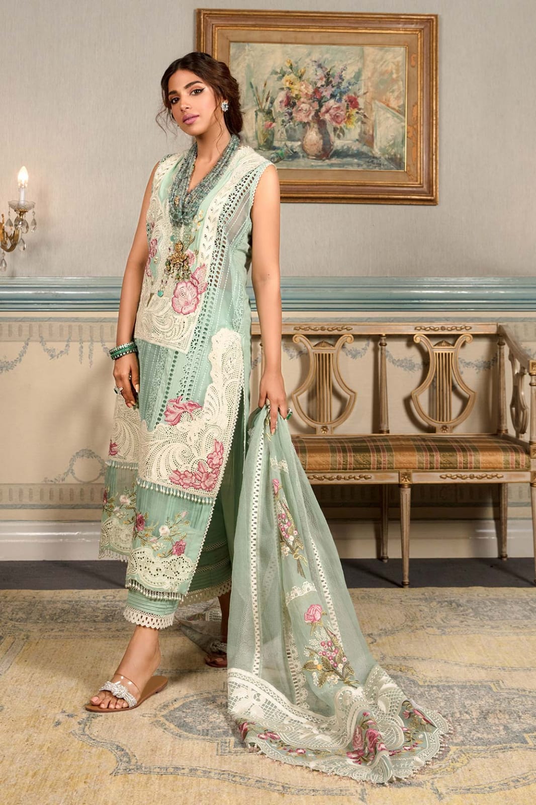 Crimson 3pc unstitched lawn embroidered dresss with embroidred dupatta
