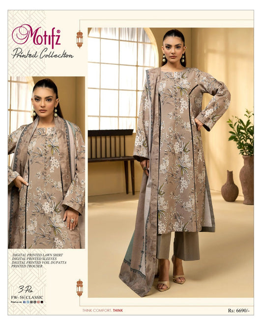 Motifz 3pc un-stitched printed dress with lawn dupatta