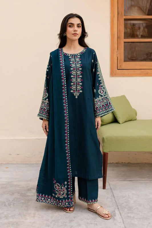 3pc unstitched dhanak  dress with dhanak embroiered shawl 2617